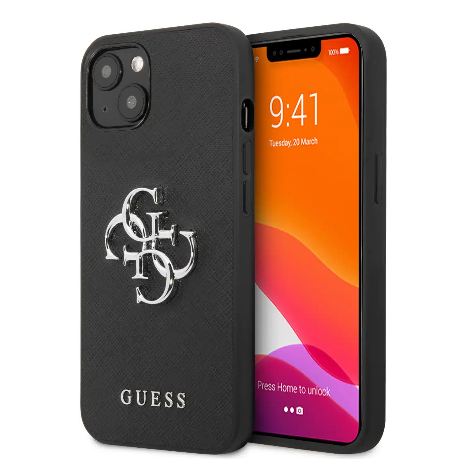 Style example: a black textured GUESS case beside a phone