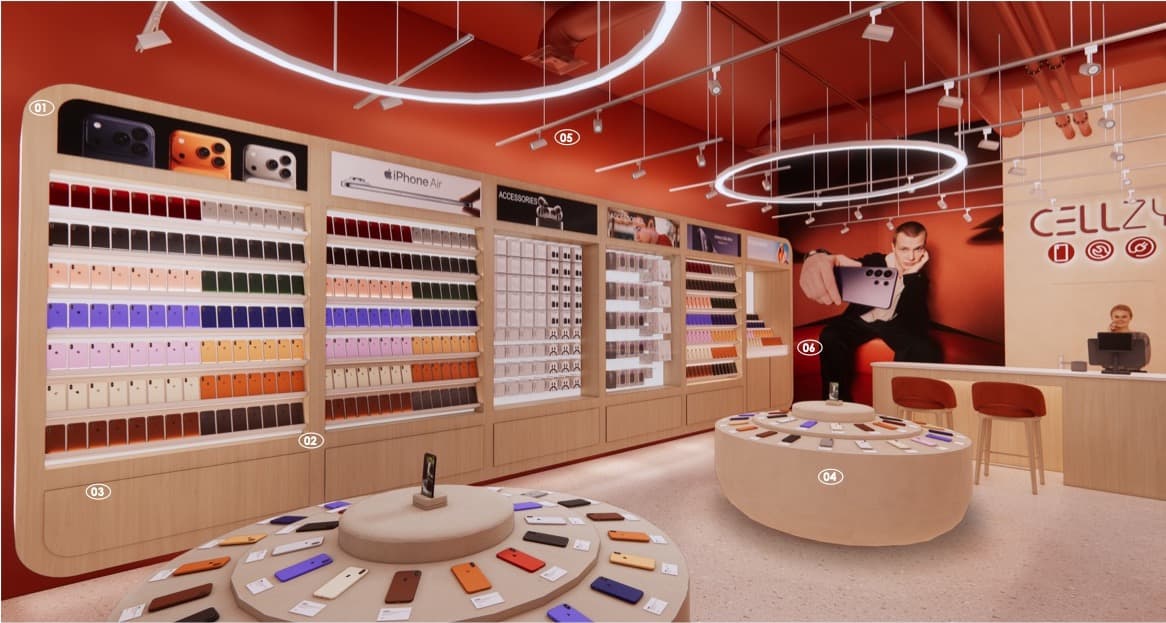 Cellzy store interior concept with phone case displays and repair counter